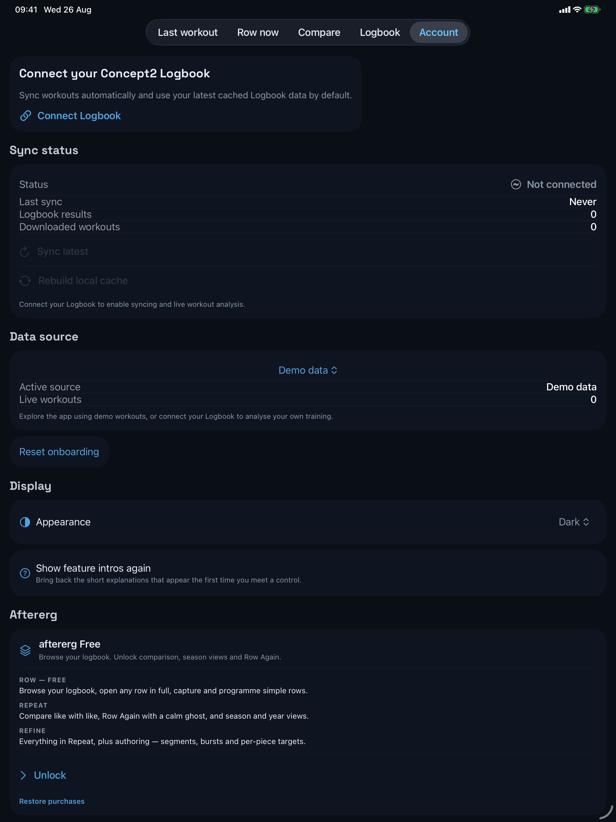 Current aftererg Account screen explaining Free, Repeat and Refine before the Unlock action