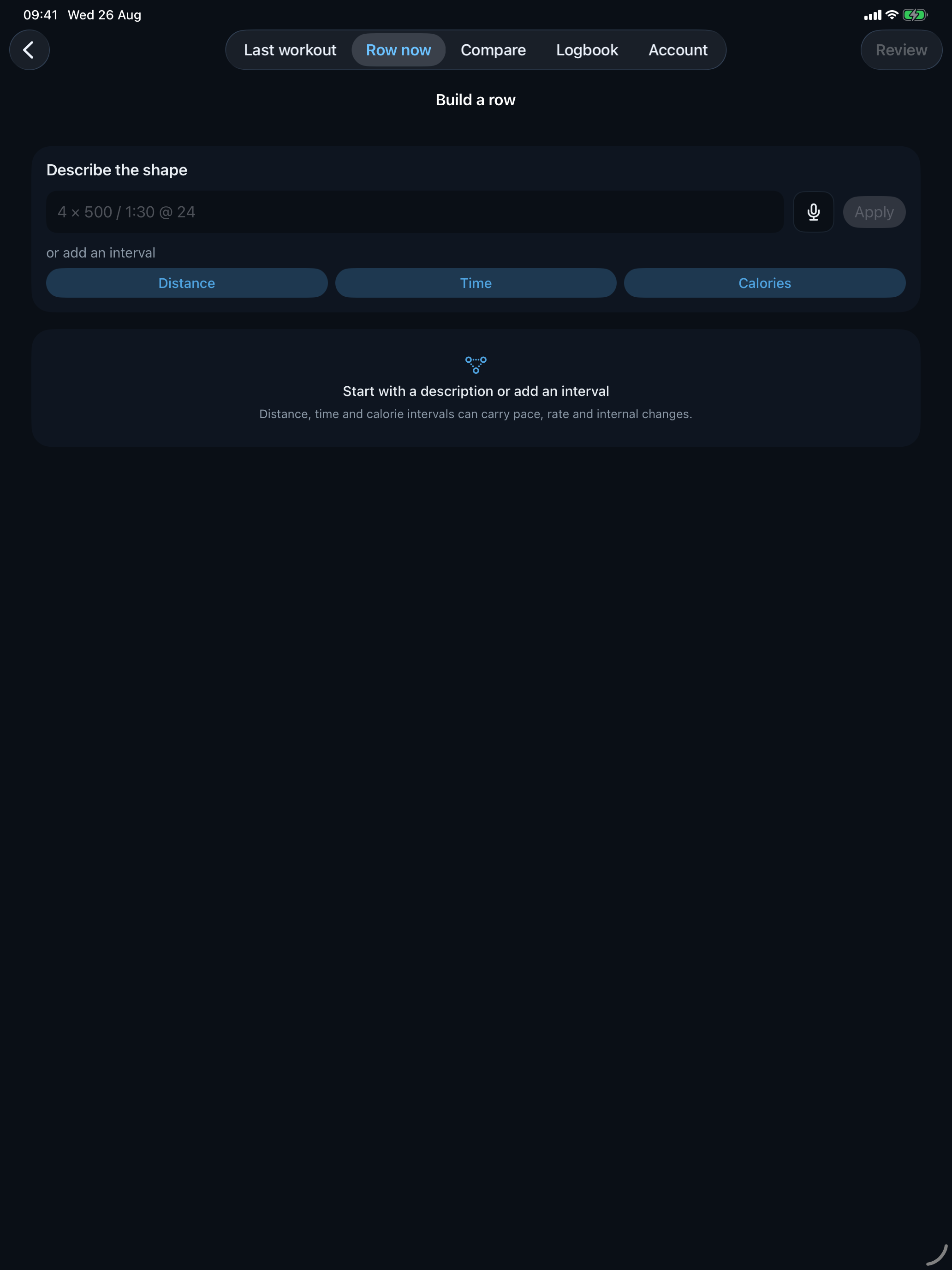 Current aftererg Build a row screen with plain-language, voice, distance, time and calorie entry routes