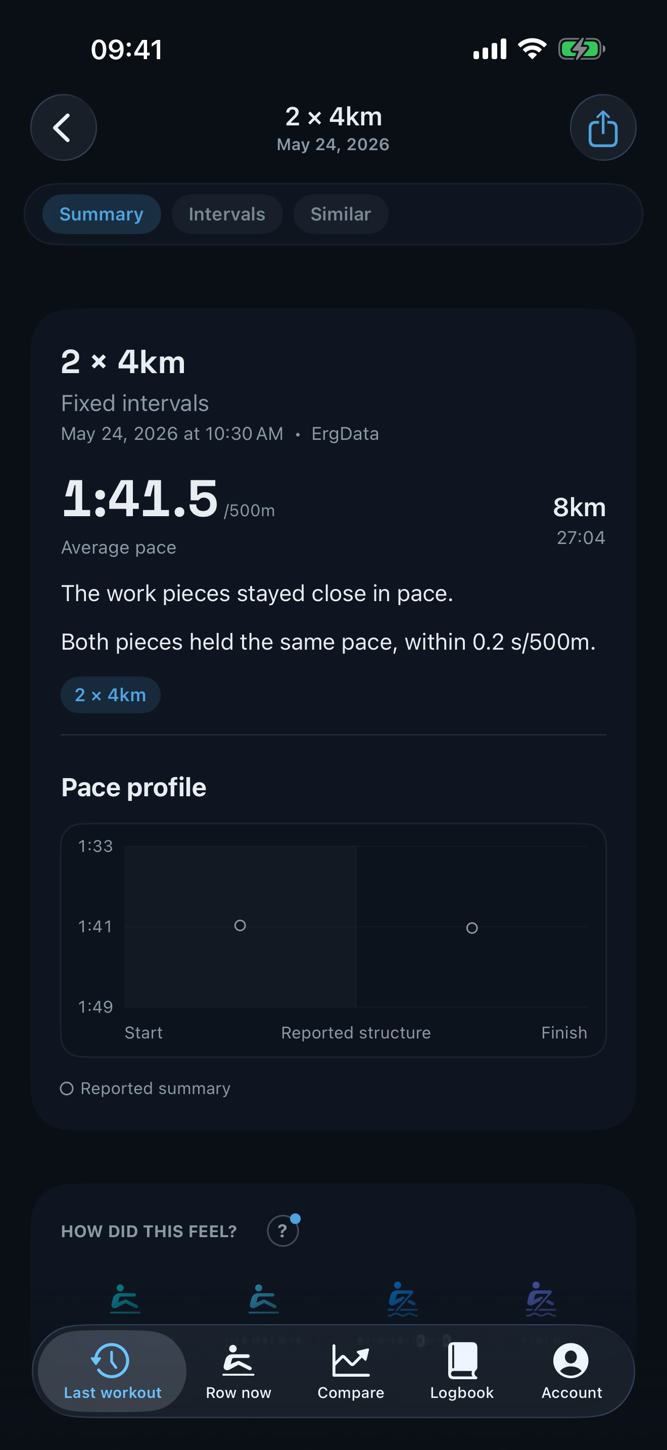 Current aftererg workout detail showing a reported-structure pace profile and perceived-effort controls